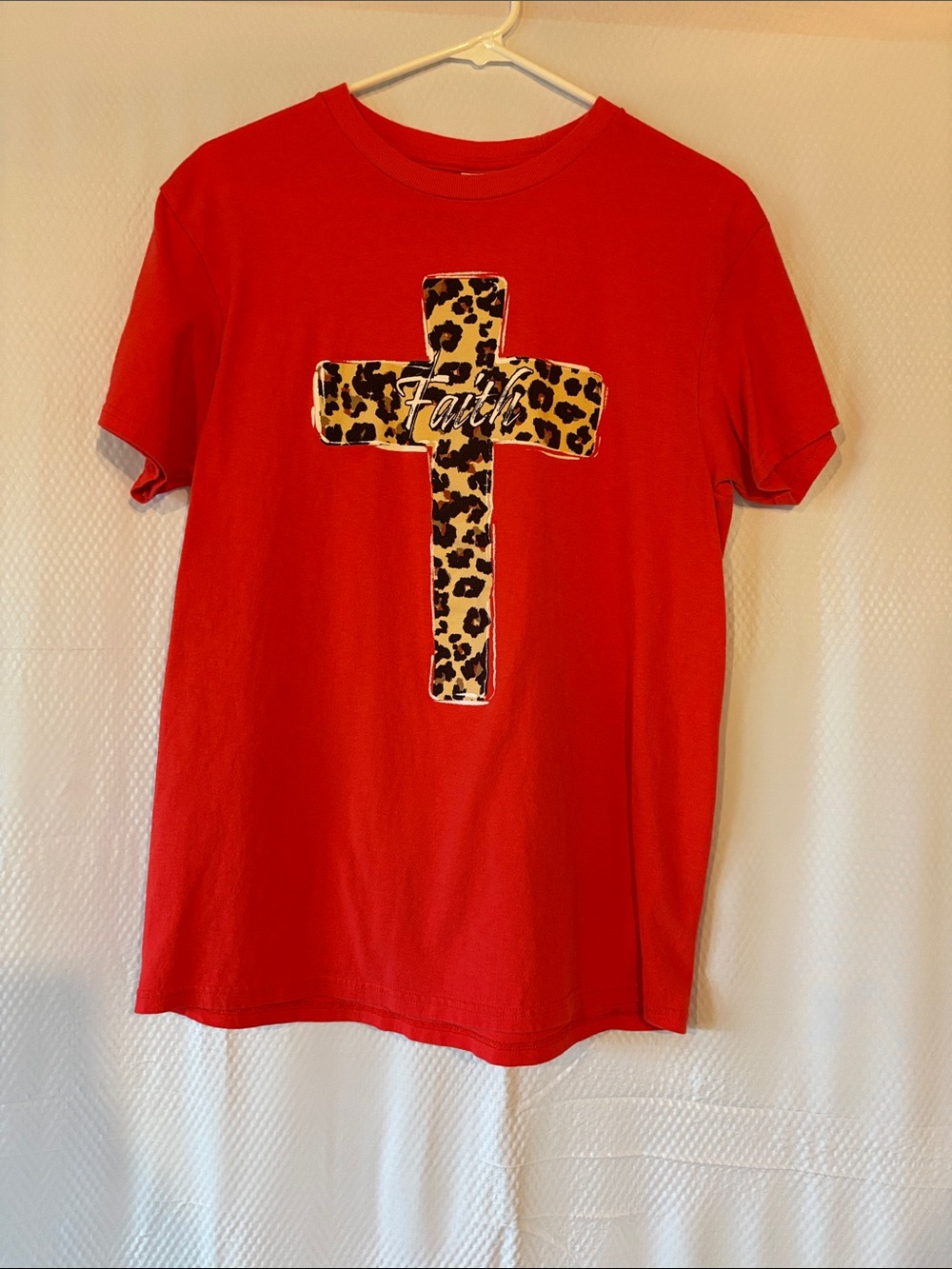 Women's Red Short-Sleeve Faith Cross Tee with Leopard Accent